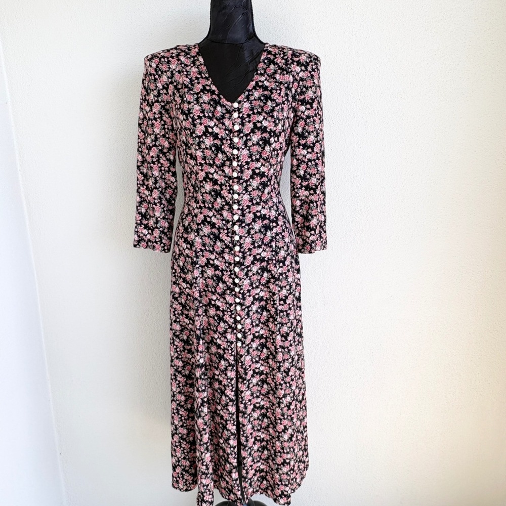 Jody California Maxi Dress Vintage 90s Floral Button Front, Womens M Black USA